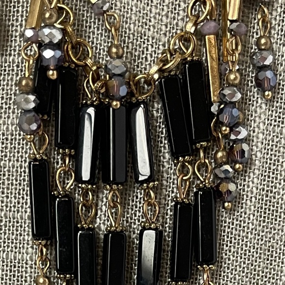 Bib Necklace Black Beads Dangle Drops Rhinestone Crystal Waterfall Bib - Picture 7 of 8